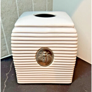 VTG BEE BUMBLEBEE Tissue Box Cover White Silver Metal Beehive Shape Ceramic RARE